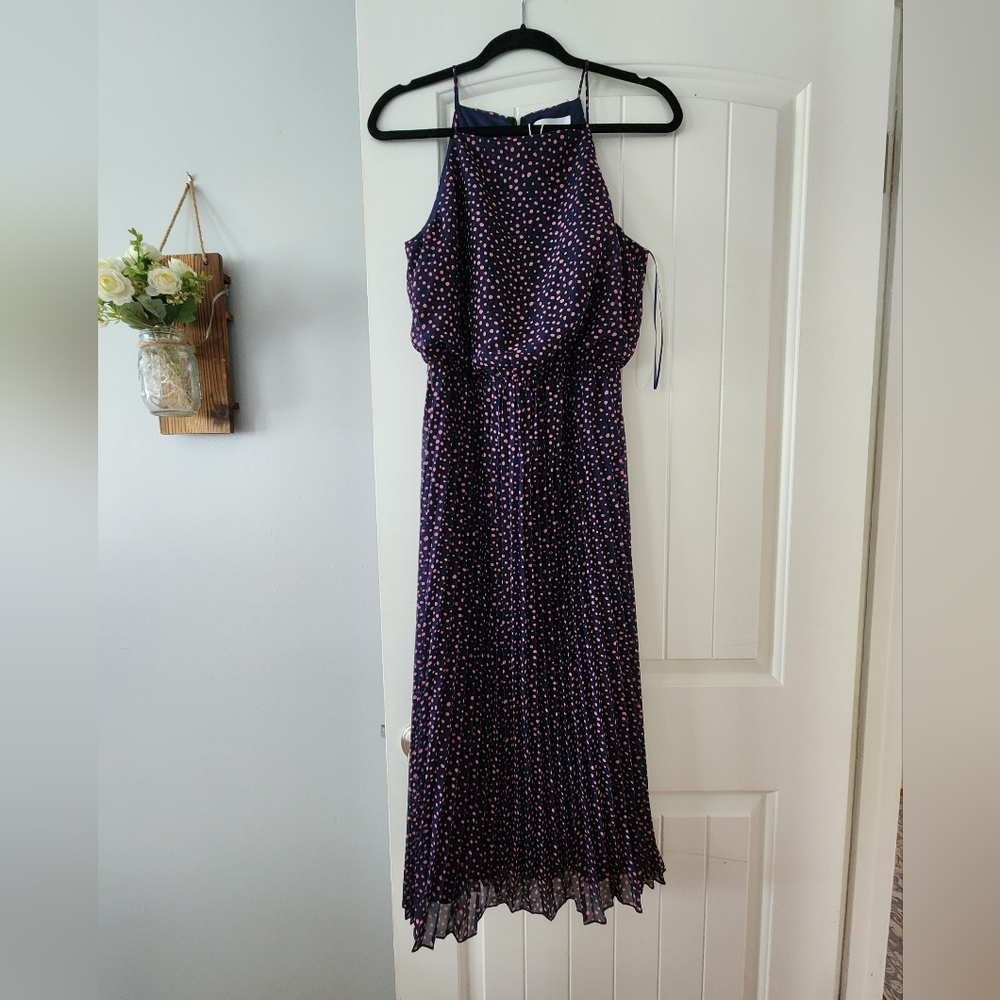 Sam Eldelman Chiffon Navy & Pink Polka Dot Pleted Maxi Dress Size 6 - Picture 2 of 5